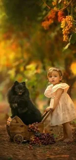 Child and dog in vineyard with autumn grapes.