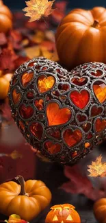 Heart decor with pumpkins and autumn leaves.