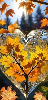 Autumn-themed heart-shaped glass art with vibrant orange leaves.