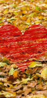 Red heart on autumn leaves, vibrant fall wallpaper.