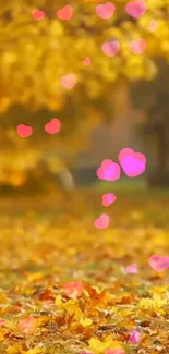 Mobile wallpaper with autumn leaves and pink hearts.