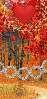 Autumn themed wallpaper with red leaves and heart design.