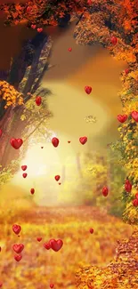 Autumn forest scene with red cascading hearts.