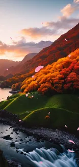 Autumn hillside at sunset with vibrant fall colors and flowing river.