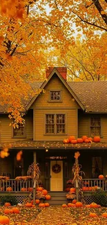 Charming autumn house surrounded by leaves and pumpkins.