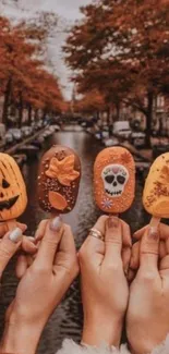 Autumn-themed ice cream against a fall landscape.