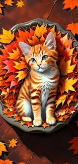 Adorable kitten surrounded by vibrant autumn leaves on a mobile wallpaper.