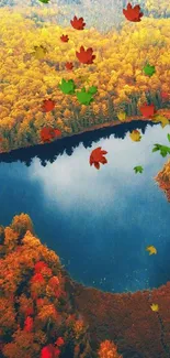 Aerial view of heart-shaped lake in autumn forest.