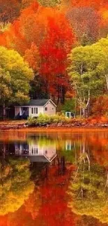 Beautiful autumn scene with lake house and colorful tree reflections.