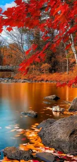 Autumn lake surrounded by red foliage and serene landscape.