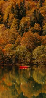 Lake with autumn trees reflecting vibrant fall colors.