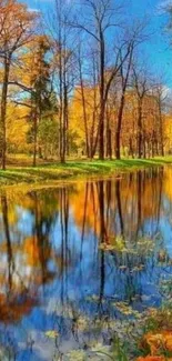 Beautiful autumn lake reflecting colorful trees and clear blue skies.