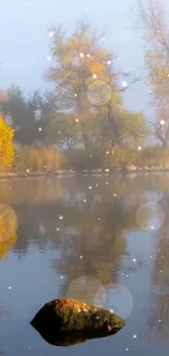 Golden trees reflected in misty lake on a serene autumn morning.