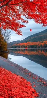 Autumn leaves over a peaceful lake with mountain reflection.
