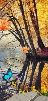 Autumn scene with lake reflection, butterflies, and vibrant leaves wallpaper.