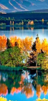 Stunning autumn lake reflection with vibrant foliage and clear blue sky.