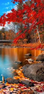 Scenic autumn lake with red leaves reflecting in calm waters.