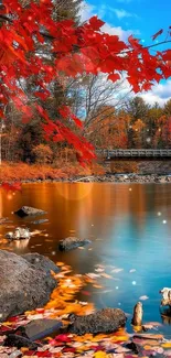 Stunning autumn lake scene with red foliage and blue sky.