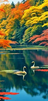 Peaceful autumn lake with vibrant trees and swans reflecting on the water.