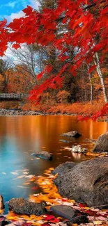 Autumn lake with red foliage and reflections.