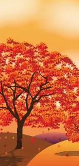 Autumn landscape with vibrant orange trees and a serene sunset background.