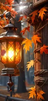A glowing lantern with autumn leaves wrapped around.