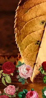 Autumn leaf with colorful roses on a brown background.