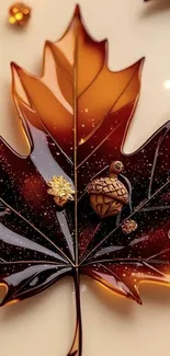 Glossy brown autumn leaf with intricate details.