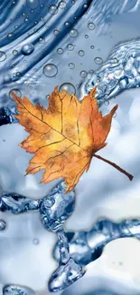 Autumn leaf floating on rippling water background.