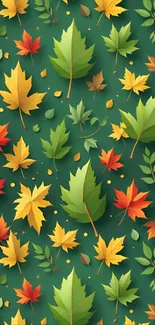 Colorful autumn leaf pattern on green background.
