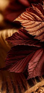 Close-up of a textured autumn leaf with warm brown tones.