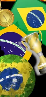 Autumn leaves with Brazil flag and trophies on vibrant wallpaper.