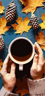 Hands holding mug among autumn leaves and pinecones.