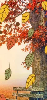 Autumn leaves falling by a bench with vibrant colors in the background.