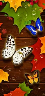 Colorful autumn leaves and butterflies on a wooden background.