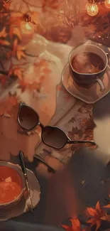 Autumn coffee scene with leaves and lights on a wooden table.