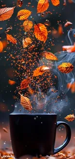 Steaming coffee mug surrounded by floating autumn leaves.