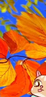 Vibrant autumn leaves with a cute cartoon character set against a blue sky.