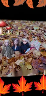 Dolls with autumn leaves and toadstools mobile wallpaper.