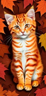 Cute orange kitten surrounded by autumn leaves in vivid colors.