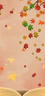 Autumn-themed wallpaper with leaves and an open book.