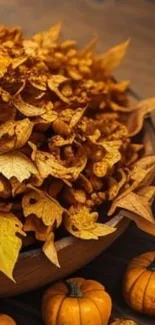 Warm autumn wallpaper with leaves and pumpkins in rustic setting.