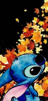 Cute blue character with autumn leaves mobile wallpaper.