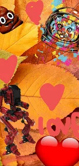 Artistic wallpaper with autumn leaves, hearts, and creative designs.