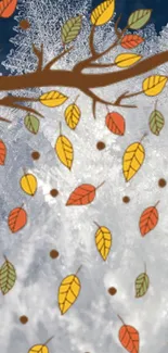 Artistic wallpaper with autumn leaves on icy background.