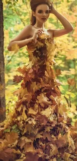 Woman in leaf dress in an autumn forest setting.