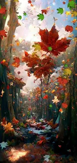 Magical autumn forest with red leaves and a vibrant fantasy atmosphere.