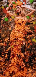 Fashionable woman in orange leaf dress amidst autumn leaves.