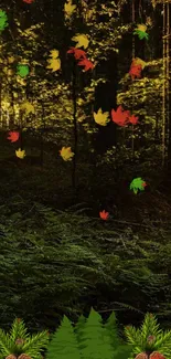 Forest wallpaper with falling colorful autumn leaves.