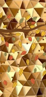 Geometric autumn wallpaper with colorful leaves and a tree pattern.